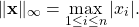 \[\|\mathbf{x}\|_{\infty}=\max_{1\leq i\leq n}|x_i|.\]